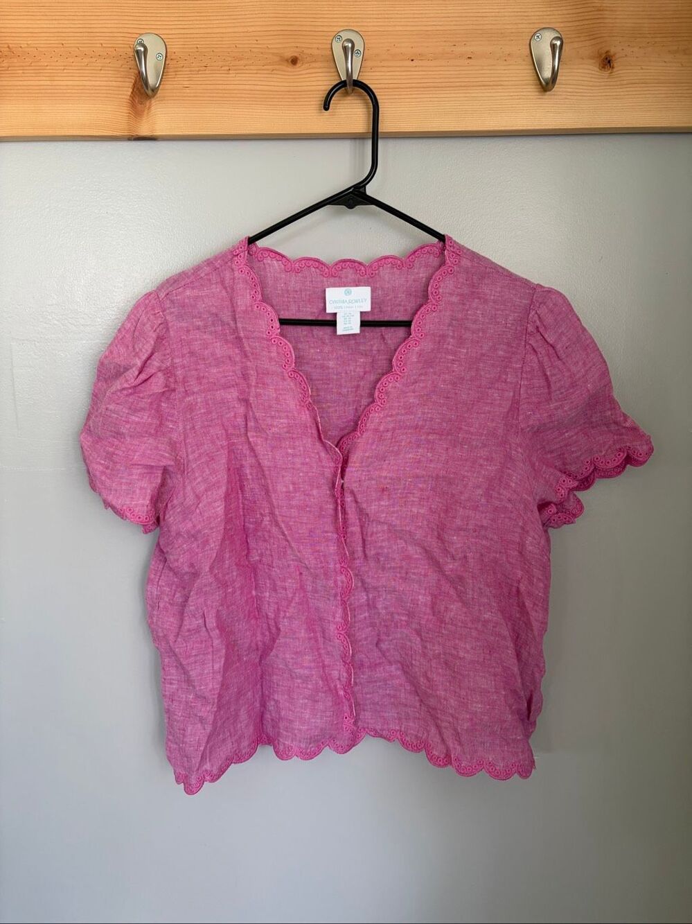 Cynthia Rowley Bright Pink 100% Linen Eyelet Scallop Hem V Neck Top XL Boxy Fit